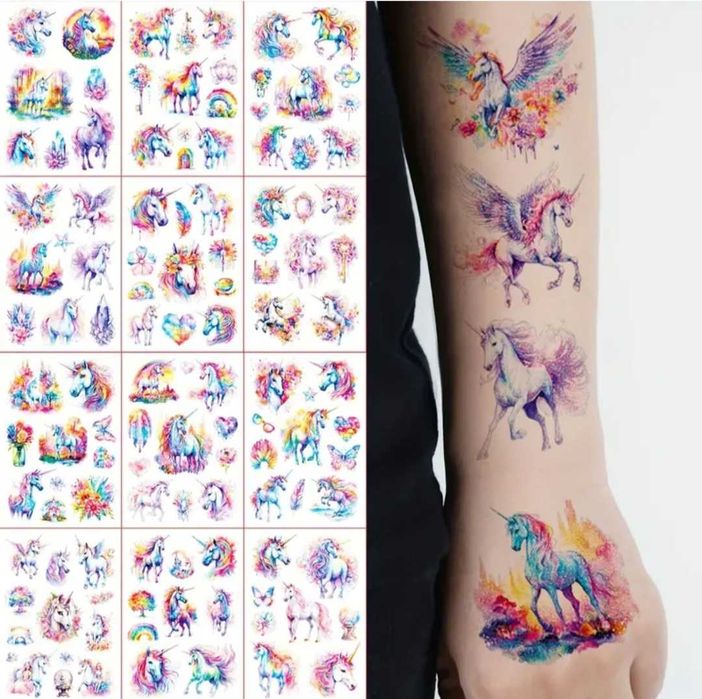 Zestaw XXL! 12 arkuszy 114 wzorów! tatuaże brokatowe JEDNOROŻCE