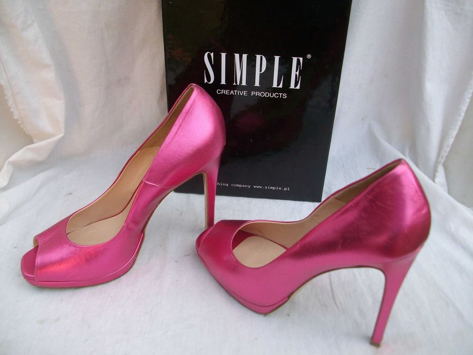 Simple włoskie różowe skórzane szpilki czółenka platforma 40 Sylwester
