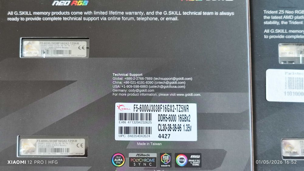 Memória RAM UDIMM G.SKILL Trident Z5 RGB 32GB (2x16GB) DDR5-6000MHz CL30 (30-38-38-96) 1.35V Preta