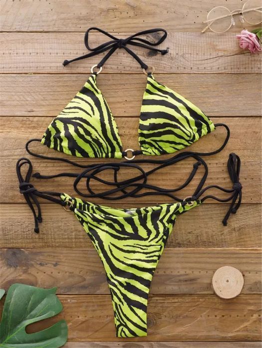 Sexy Dwuczęściowy Strój Kąpielowy BIKINI w Zebrę z Wiązaniami - S