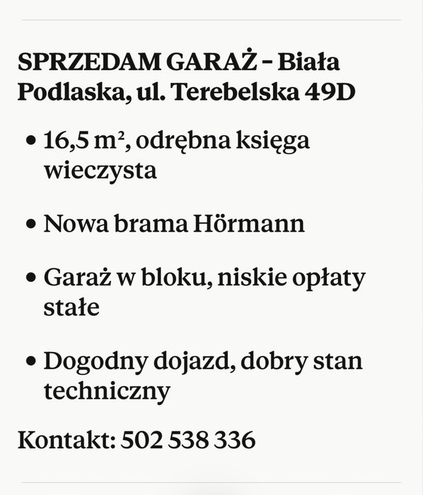 Sprzedam garaż w Białej Podlaskiej przy ul. Terebelskiej 49D - Widok 2