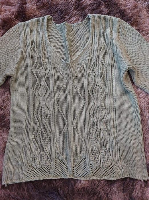 Sweter dzianinowo/ażurowy, oliwkowy, rozmiar 42