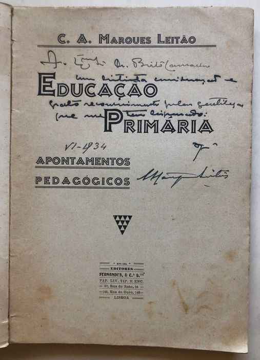 Apontamentos Pedagógicos - Dedic. do Autor ao Dr Brito Camacho