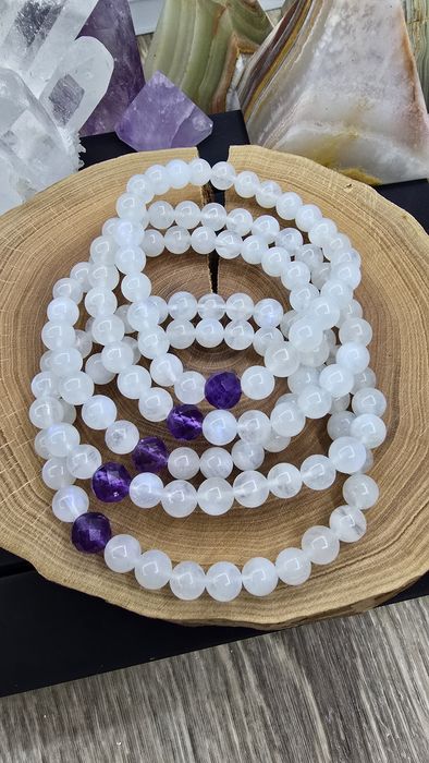 Браслет з натурального каміння - Місячний камінь (Адуляр) з Аметистом