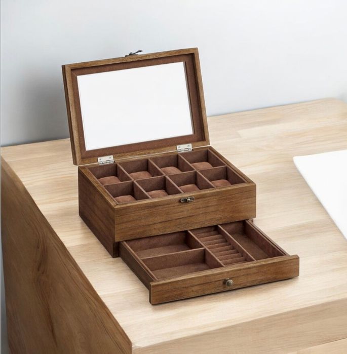 Nowa drewniana szkatułka organizer na biżuterię zegarki