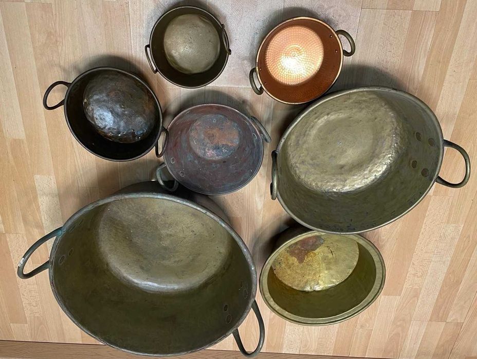 sete tachos em cobre antigo o maior está furado, preços individuais