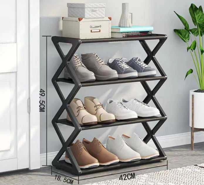 Розбірна полиця для взуття 4 рівні, чорна, компактна 42×18,5×49,5 см