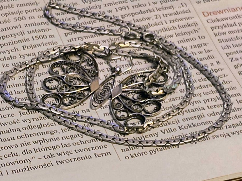 Zestaw srebrny naszyjnik wisior motyl łańcuch gąsienica srebro vintage