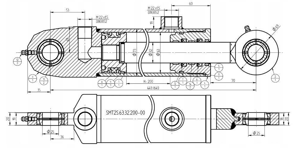 Siłownik Hydrauliczny 63x32 Skok 200 + Mocowania [7056]