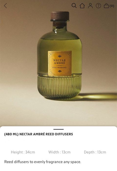 (480 ML) Difusor Em Sticks NECTAR AMBRÉ Zara Home NOVO