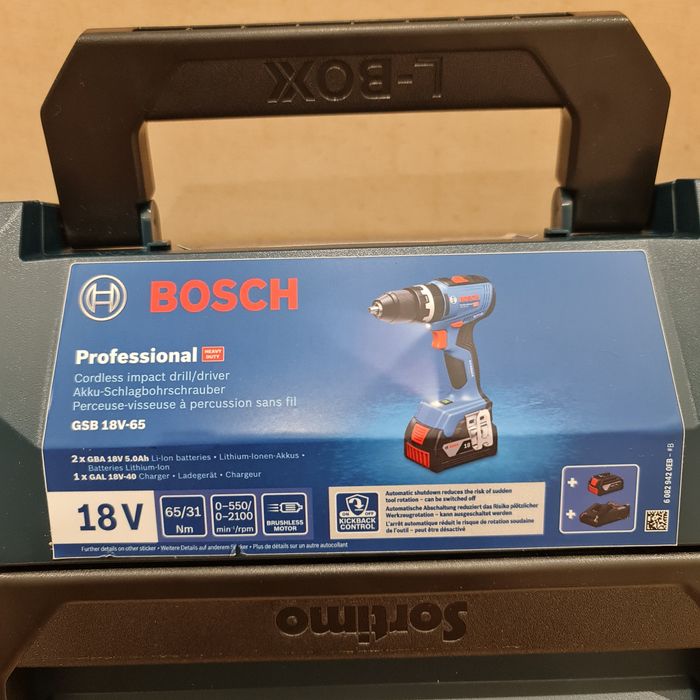 144. Bosch Professional GSB 18V-65 + 2 Baterias 5.0Ah + Carregador + L-BOXX
