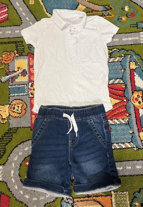Набор вещей для мальчика, белое поло, джинсовые шорты