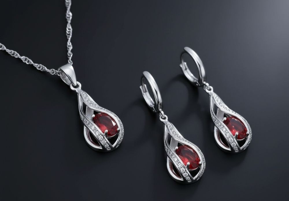 Komplet biżuterii kula czerwona nowy prób 925 wisior kolczyki łańcuch