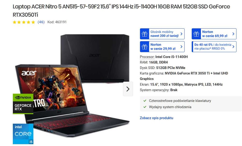 Laptop gamingowy Acer Nitro 5 karta NVIDIA GeForce 3050Ti