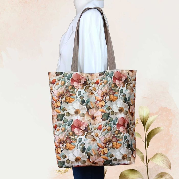 Shopper na zakupy pojemna torba w piękne kwiaty na beżowym HANDMADE