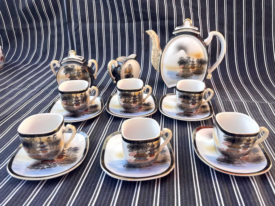 Antigo Serviço de Café Japonês Art Déco (Pintado à Mão) – Completo 5+1
