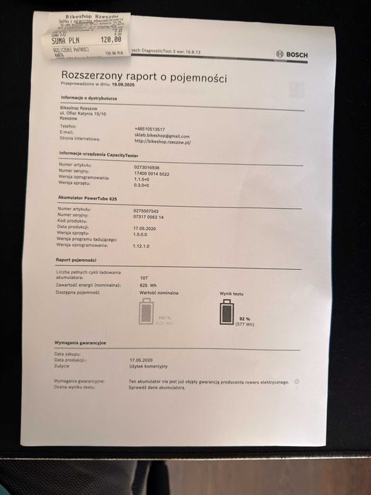 Bosch PowerTube 625 Wh – 92% pojemności | 107 cykli | raport | BBP290