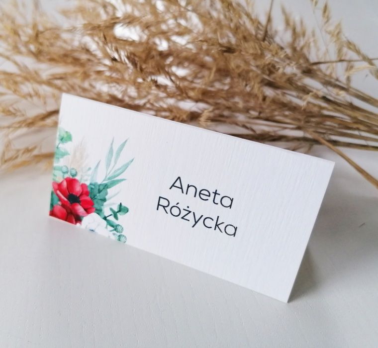 Winietki na stół weselny w stylu boho z motywem polnych maków
