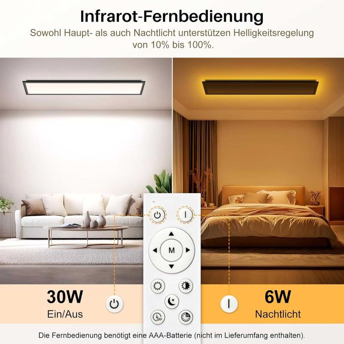 Painel LED de Teto 100×25cm Dimmável com Comando – 36 W, 3600 lm, Novo