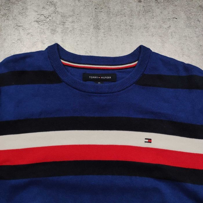 MĘSKI PREMIUM Elegancki Sweter Granat Paski Tommy Hilfiger Bawełna