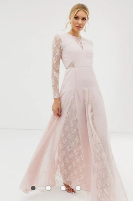 Suknia Asos maxi z koronką, pudrowy róż, rozkloszowana, roz. 38, cudo!