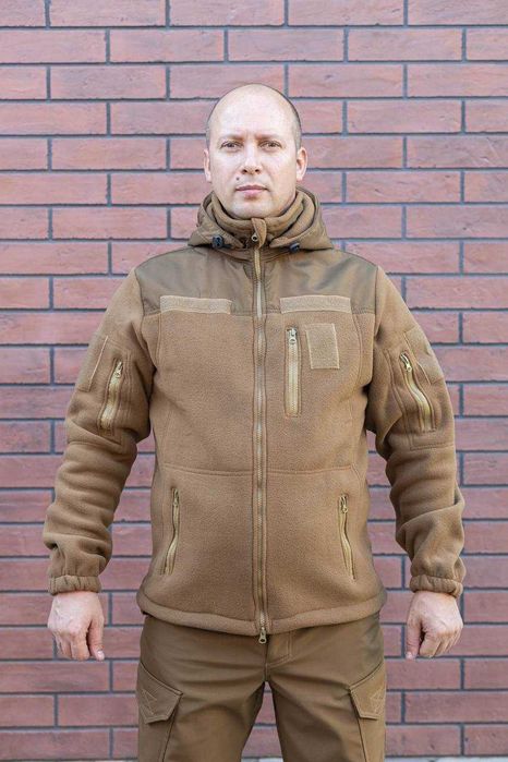 Флисовая кофта Новинка с отстегивающемся КАПЮШОНОМ теплая Кайот