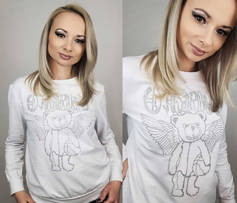 Bluza damska produkcji włoskiej biała aplikacji z cyrkonii Miś
