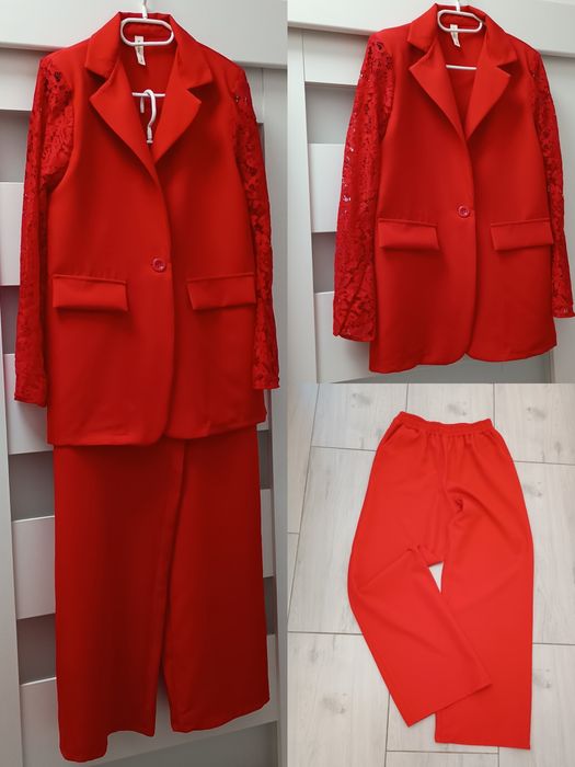 Garnitur damski uni marynarka koronka + spodnie  RED