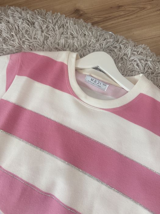 Komplet letni w paski różowo białe pudrowy róż spodenki bluzka krótki Dresowe L XL