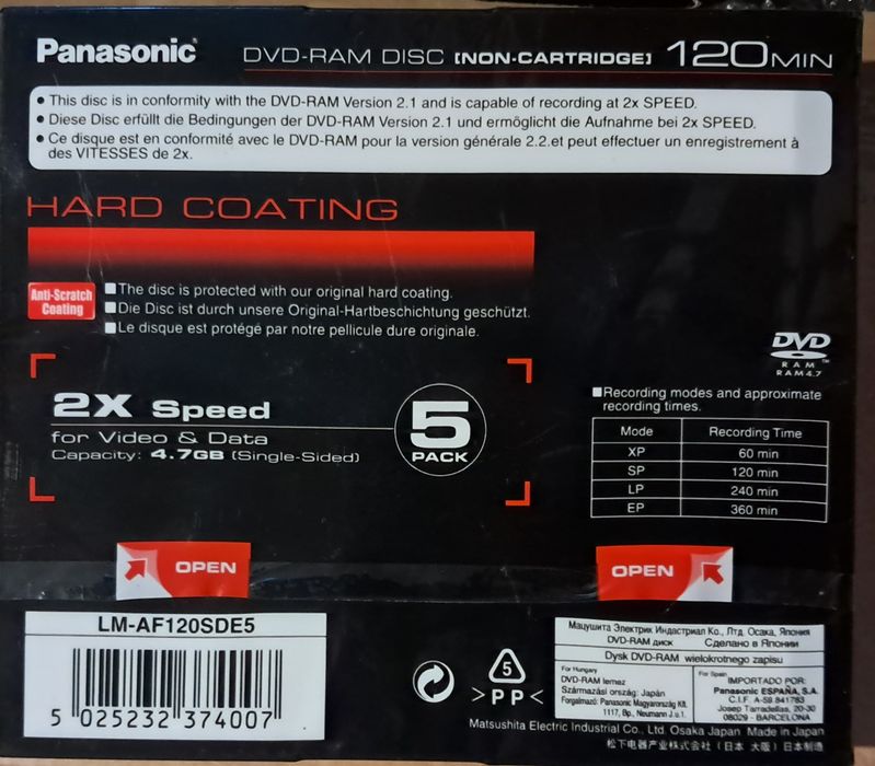5 x DVD - RAM Panasonic Hard Black folia