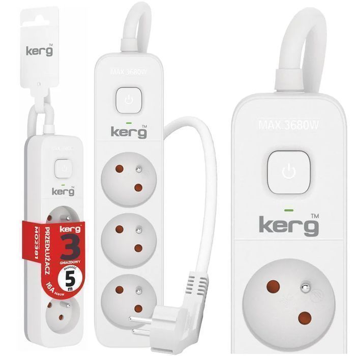 Przedłużacz Kerg z wyłącznikiem 3 gniazda z uziemieniem 5m 16A M02381