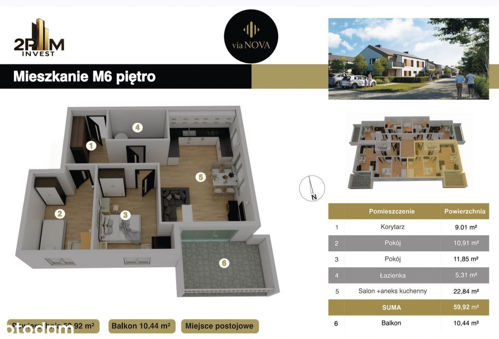 VIA NOVA | 59,99 m² | 3 pokoje | balkon 10,44 m² | Parking w cenie