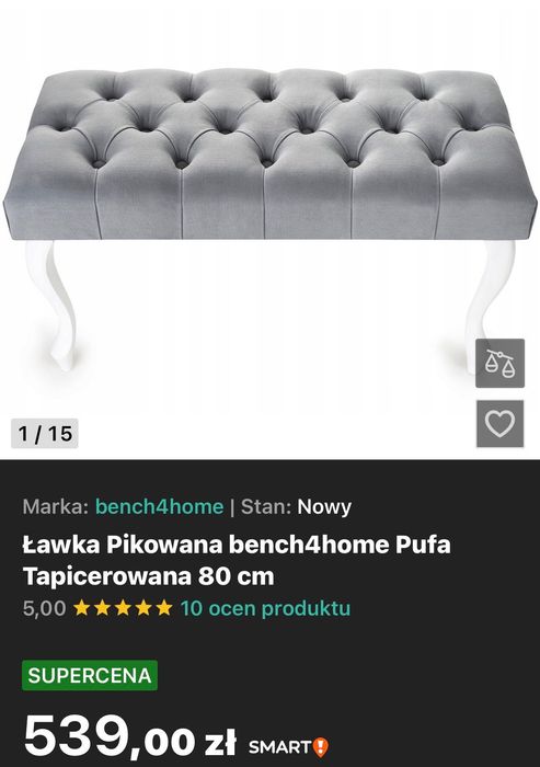 Ławka pikowana welurowa z guzikami, stan idealny
