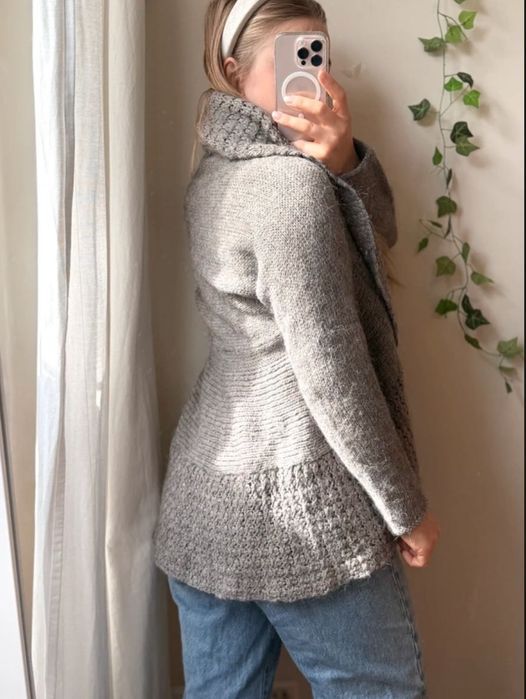 Wiązany kardigan sweter mięsisty narzucany szary z alpaką sandwich s