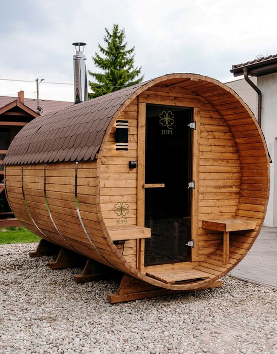 Sauna ogrodowa beczka z przedsionkiem, Piec, LEDy, SZYBA PÓŁPANORAMICZNA