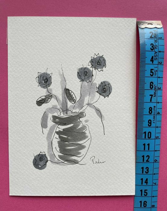 Postal original ilustrado à mão (vaso de flores)