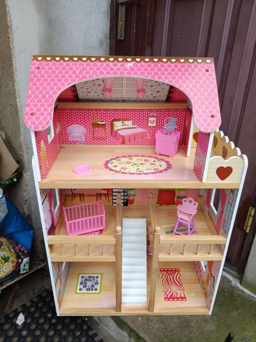 Domek dla LALEK duży DREWNIANY zestaw MEBELKI DOM 3 piętra 90 cm