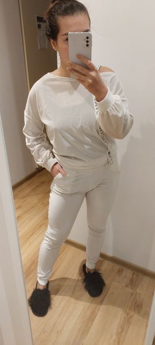 Perłowy dres komplet biały S magmac welur zestaw spodnie bluza