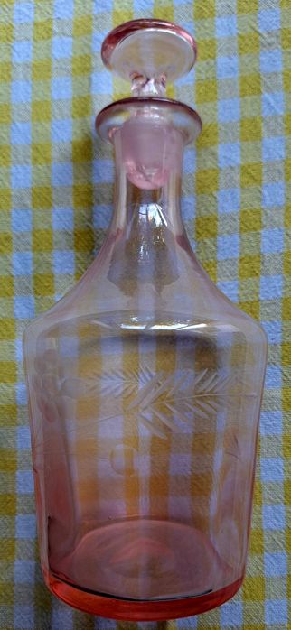 Garrafa rosa vidro lapidado vintage rolha vidro anos 30