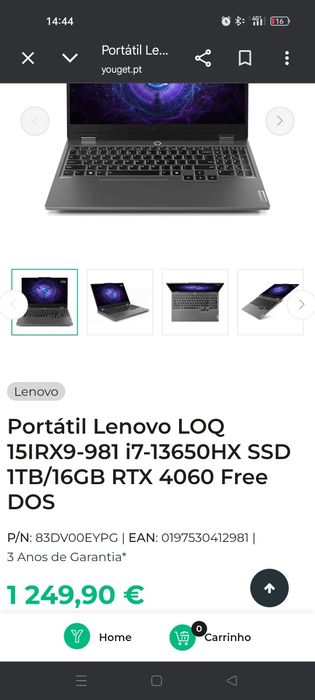 Portátil lenovo LOQ 15IRX9 I7 13650HX /RTX4060/16RAM DDR5/1.5TB/BATERIA 80KW