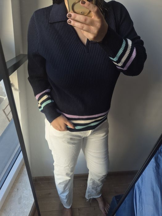 Sweter granatowy wełniany pure wool jesienny autumn Woolmark 42/XL