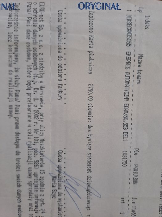 Ekspres  automatyczny do kawy De'Lonhgi Dynamica uszkodzony
