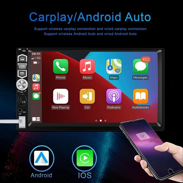 Rádio 1din 7 polegadas 7039B com Carplay sem fios USB BT FM Micro NOVO
