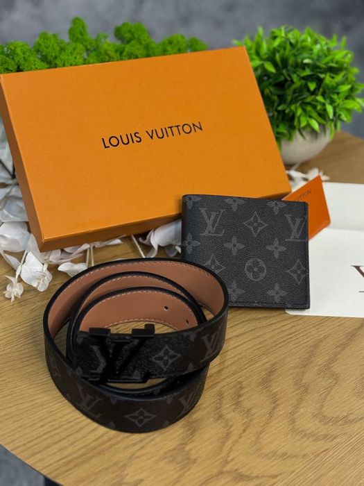 Набір Louis Vuitton чорний ремінь + гаманець Lv набор Луи Витон Лв | Набор Луї Вітон чоловічий чорний пасок Лв 105 см ремінь Louis Vuitton чорний