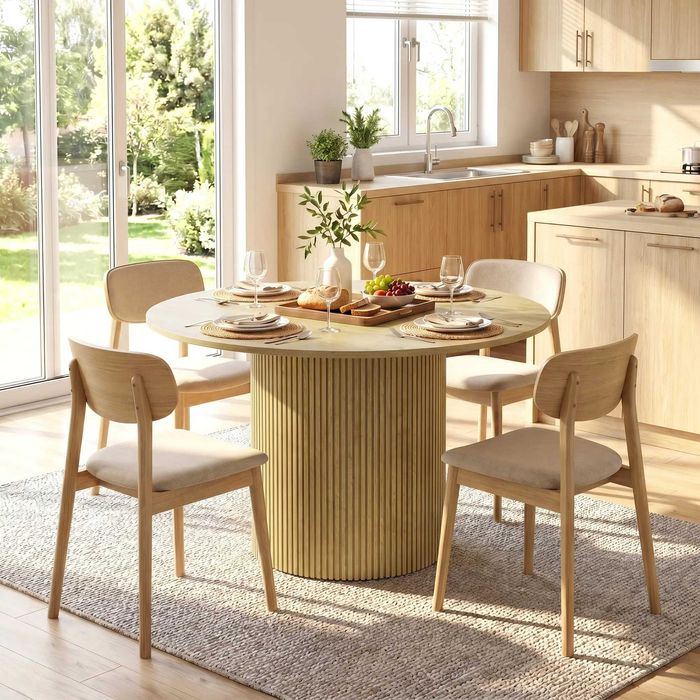 Mesa de Jantar Redonda Moderna para 4-6 Pessoas, Mesa de Cozinha de 110 cm com Base Cilíndrica Canelada, Carvalho