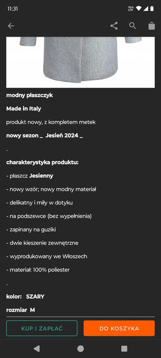 Modny szary płaszczyk jesienny 36