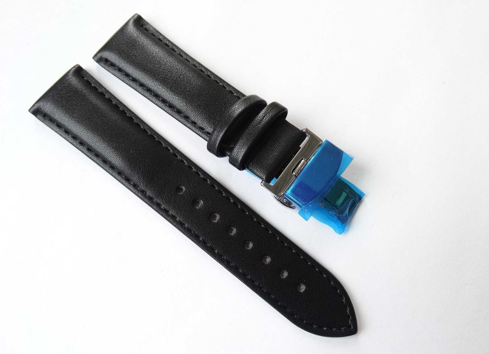 Pasek skórzany do zegarka 20mm 22mm klamra motylkowa srebrna czarny