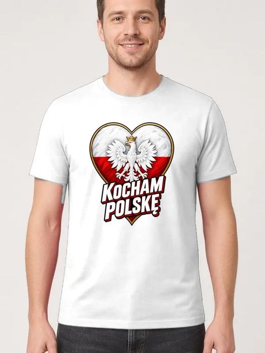 Koszulka męska biała kocham polskę patriotyczna z orłem prezent 2XL