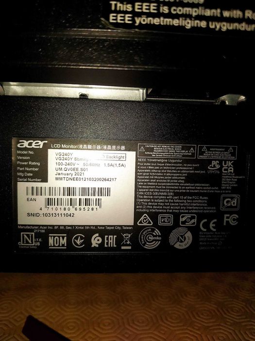 Monitor Acer VG240Y Sbmiipx 24” 165Hz IPS – Para Peças/Reparação (Ecrã Partido)