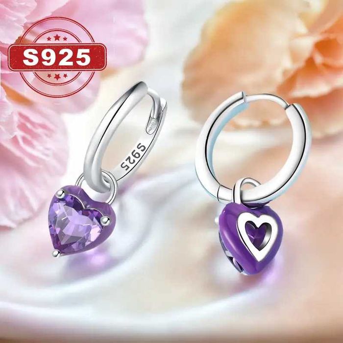 Сережки с фиолетовым сердцем из 925 пробы
